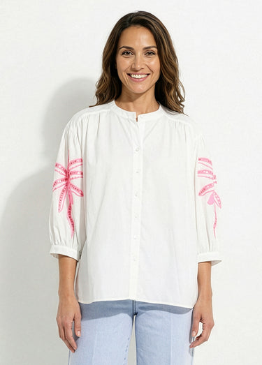 Chemisier ample manches brodées palmier Blanc / rose fluo