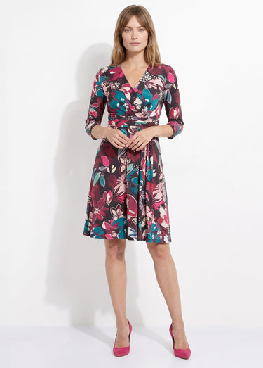 Robe cache-coeur courte évasée imprimé fleurs Imprime Fuchsia