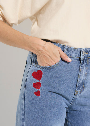 Jean 5 poches large denim broderies cœur Stone