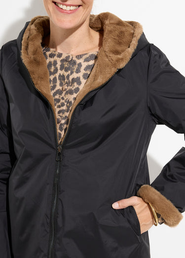 Blouson réversible déperlant et fourrure Noir/Camel