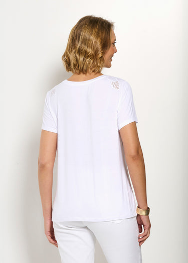 T-shirt coton brodé ajouré col rond Blanc