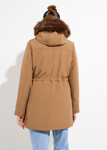 Parka chaude fourrure capuche amovible Camel