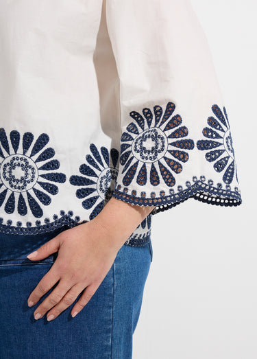 Blouse brodée et ajourée, col claudine Blanc