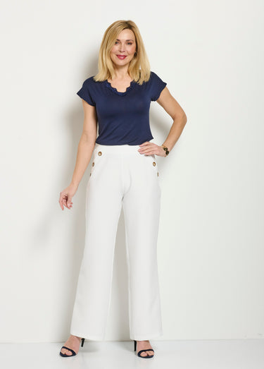 Pantalon large uni taille semi-élastiquée Blanc