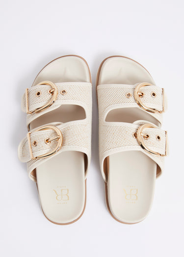 Mules chic tissu natté et boucles métal Beige
