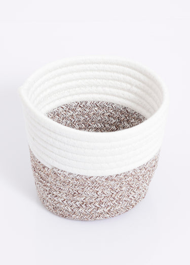 Panier cache pot tressé en coton Blanc/Marron