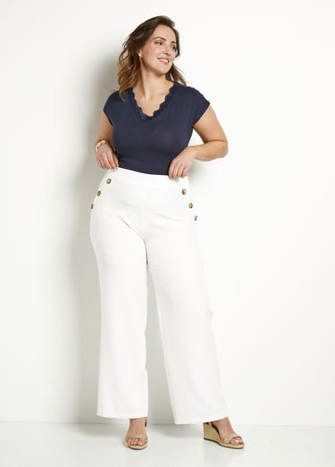 Pantalon large uni taille semi-élastiquée Blanc