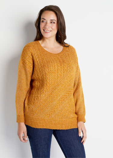Pull maille chinée perlée torsadée col rond Miel