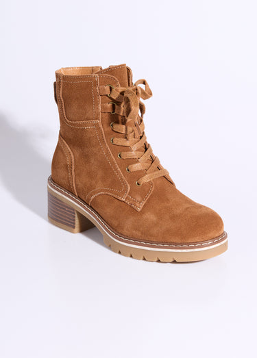 Bottines en cuir crantées, talon large Camel