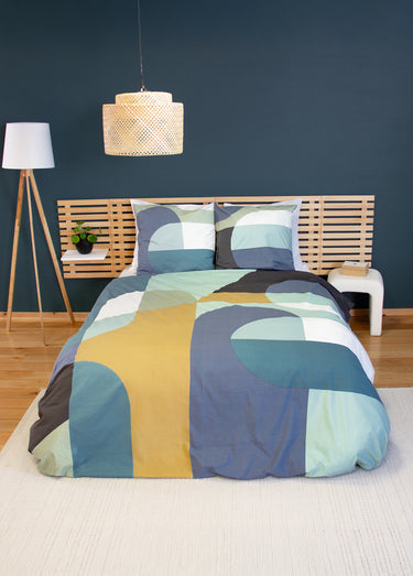 Parure housse de couette coton, geometric Bleu/jaune/vert