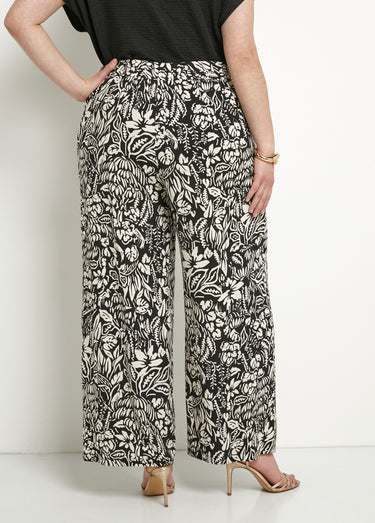 Pantalon large taille élastiquée fleuri ou uni Noir/Ecru