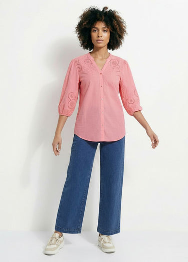 Chemisier long coton brodé manches 3/4 Rose bonbon