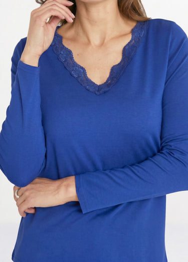 T-shirt court dentelle col V manches longues Bleu Dur