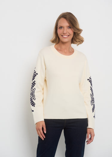 Pull manches avec broderies fantaisie Ecru
