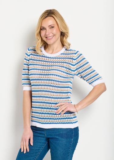 Pull doux rayé ajouré court manches courtes Raye Bleu