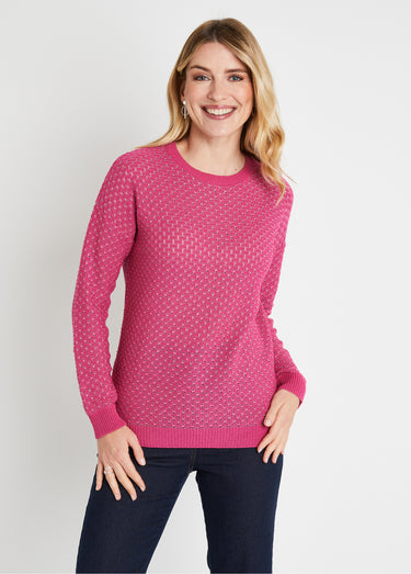 Pull doux brillant mélange coton col rond Fuchsia
