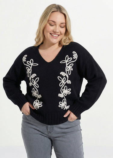 Pull col V avec broderies fleurs Noir