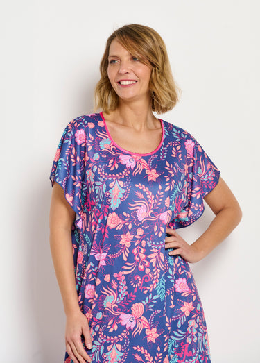 Robe d'hôtesse longue satinée imprimé floral Fond Marine