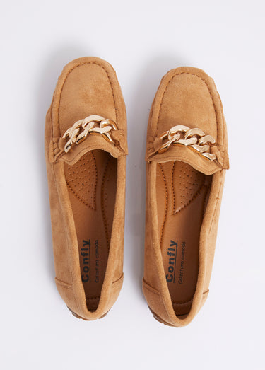 Mocassins suédine, bride maillons métal Camel