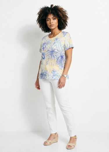 T-shirt court motif et strass col rond Jaune/Bleu