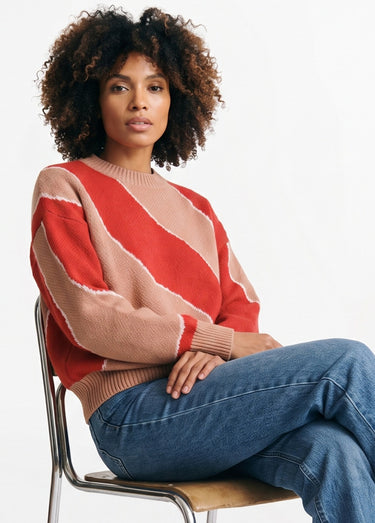 Pull épais ras de cou jacquard fantaisie Rouge/Beige