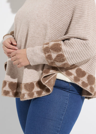 Poncho cape maille coeurs et col rond Taupe