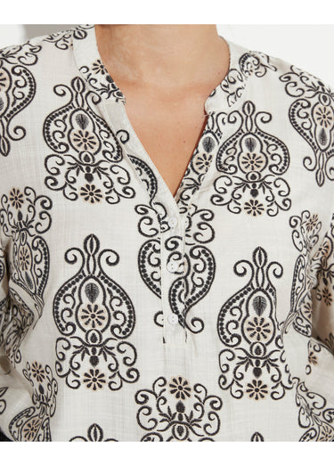 Blouse col V boutonné imprimé broderies Écru / Noir