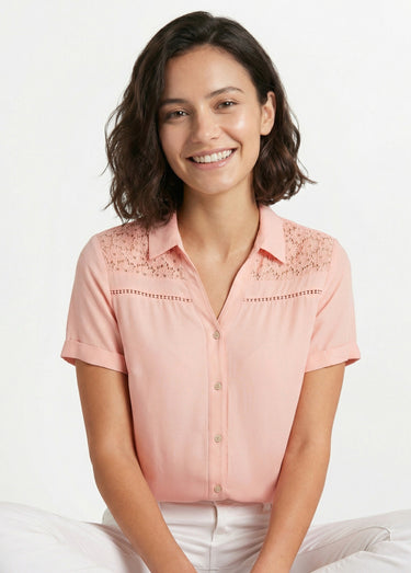 Chemisier boutonné dentelle et ajouré Rose
