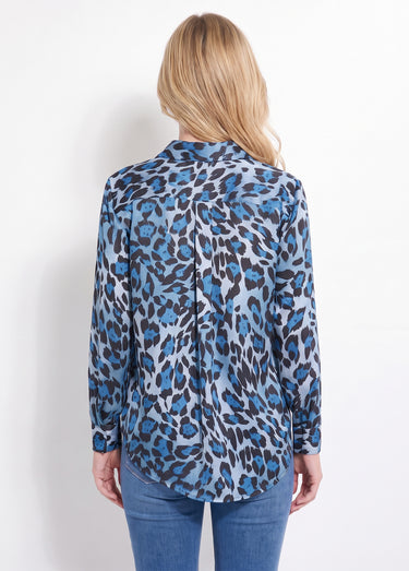 Chemisier boutonné satin manches longues Imprime/Bleu
