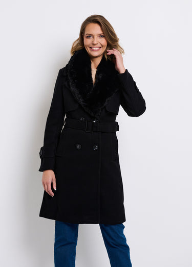 Manteau col fausse fourrure toucher laineux Noir