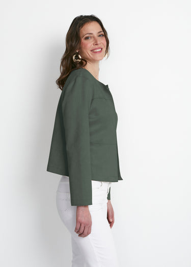 Veste sans col en tissu suédé Kaki Fonce