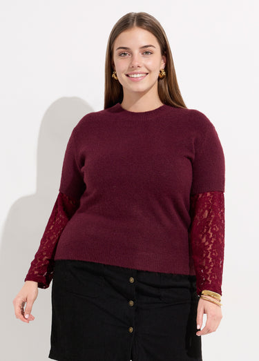 Pull chaud avec laine, manches dentelle Bordeaux