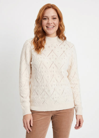 Pull doux ajouré perlé col montant Ecru