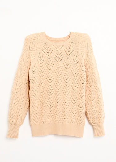 Pull doux court col rond uni ajouré Beige