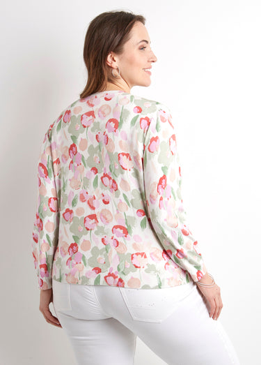 Gilet cardigan doux col rond boutonné Vert/Coquelicot