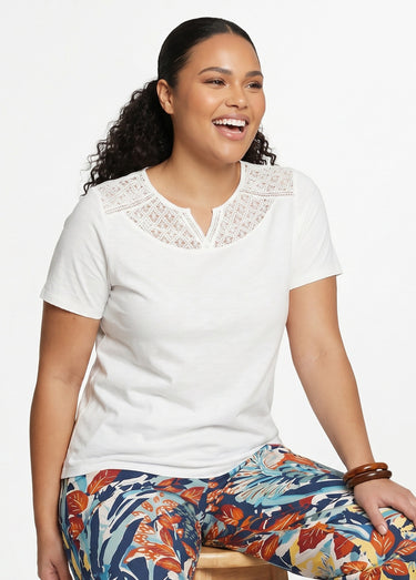 T-shirt coton maille flammée dentelle Blanc