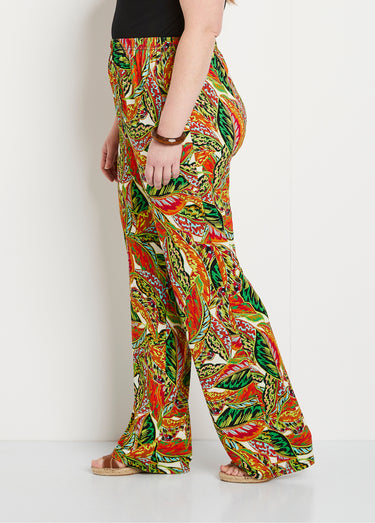 Pantalon ceinture élastiquée motif feuillage Vert/Rouge