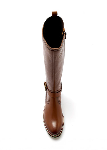 Bottes cavalières en cuir, talon plat Marron