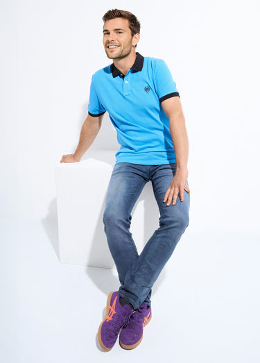 Polo homme col et manches contrastés Bleu