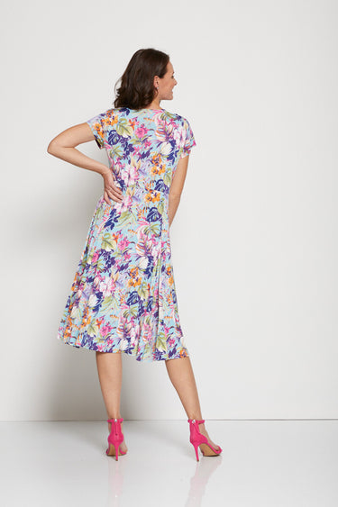 Robe mi-longue évasée col V Aqua/Rose