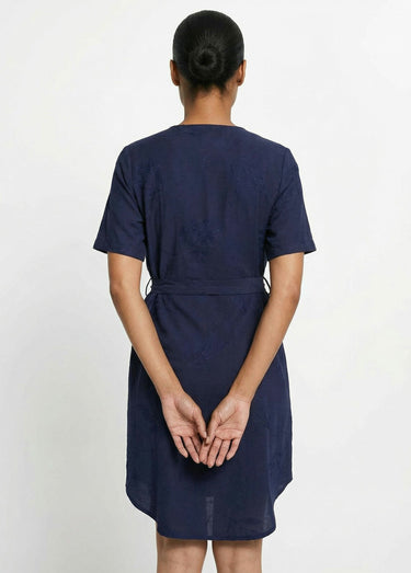 Robe chemisier col V, brodée feuillage Marine