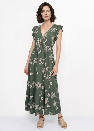 Robe longue cache cœur motif fleurs Kaki
