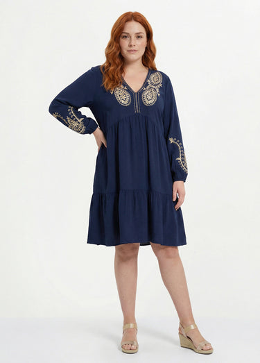 Robe col V avec broderies métallisées Marine