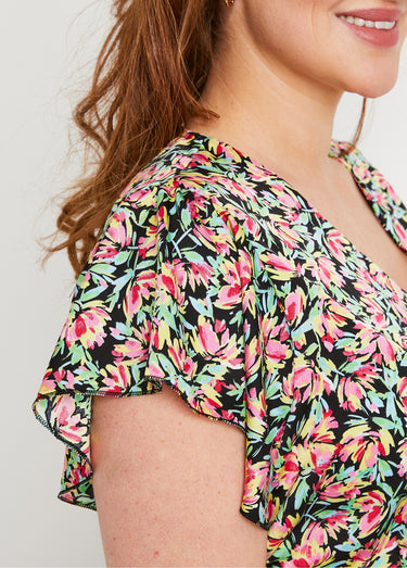 Robe courte volantée satin fleuri Vert/Rose
