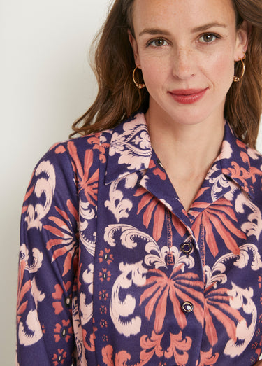 Robe boutonnée mi longue satinée col tailleur Marine/Rose
