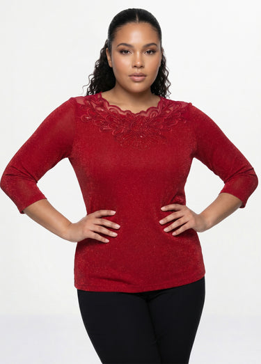 T-shirt manches 3/4 brodé brillant Rouge