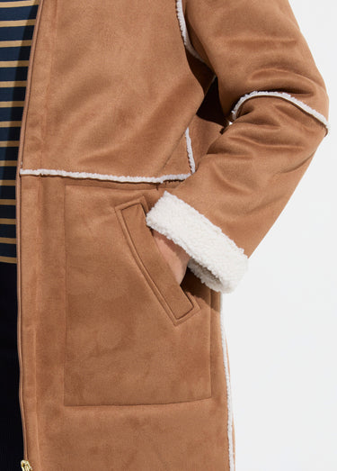 Manteau zippé à capuche effet peau lainée chaud Camel
