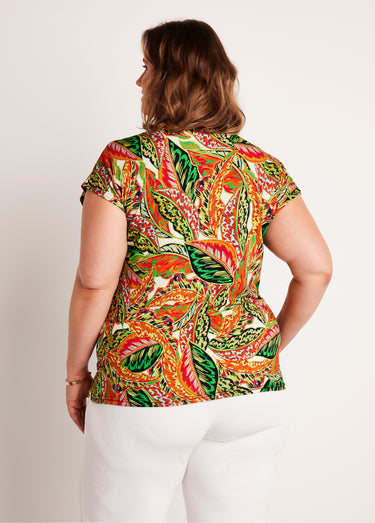 T-shirt court motif feuillage Vert/Rouge