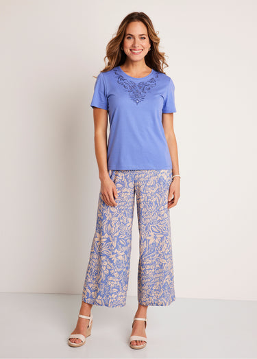 T-shirt court brodé manches courtes Bleu