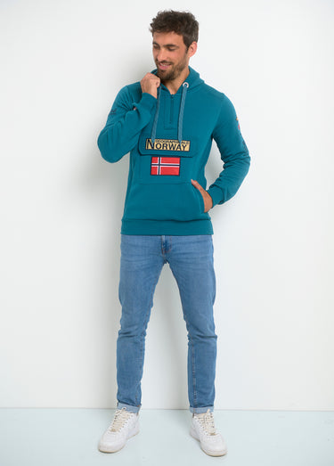Sweat à capuche demi zip manches longues Bleu Petrole